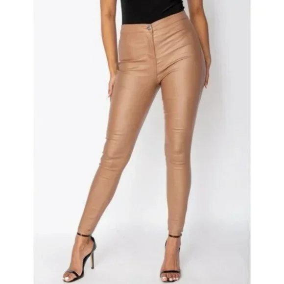 Pants - Brown Vegan Leather Faux Leather Coated High Waist Skinny Pants